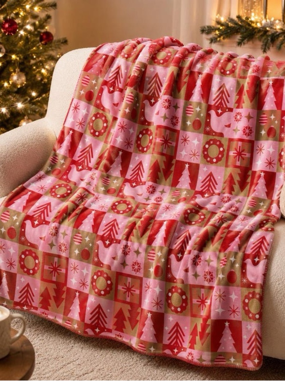 Holiday Patchwork Plush Throw Blanket in Pink and Red